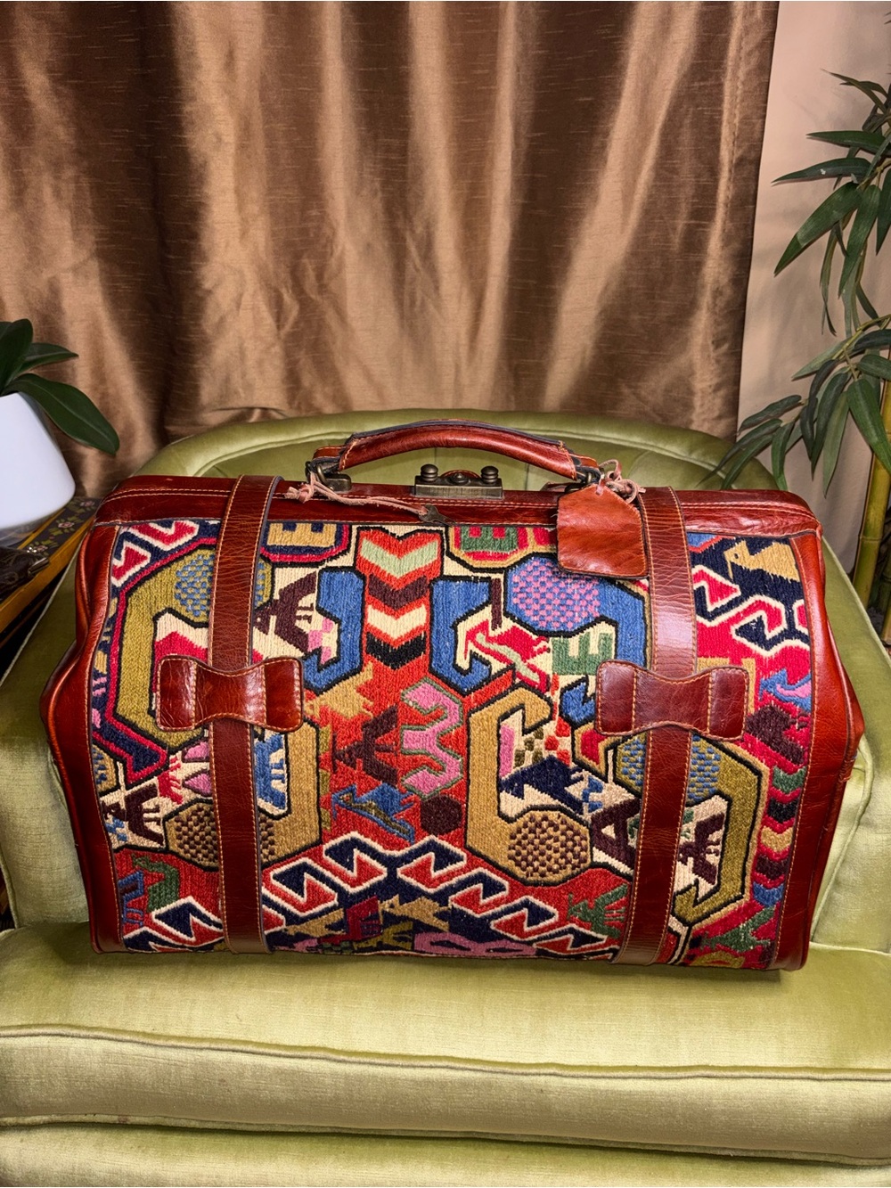Vintage Kilim Large Turkish Wool Travel Carry Bag Rust Tan Blue Brown Leather - Picture 8 of 15